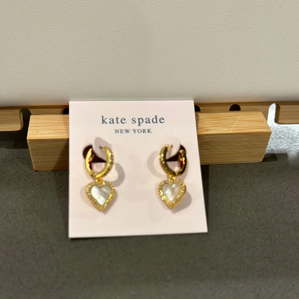 Kate Spade NEW Gold Mother Pearl Pave Heart Earrings.